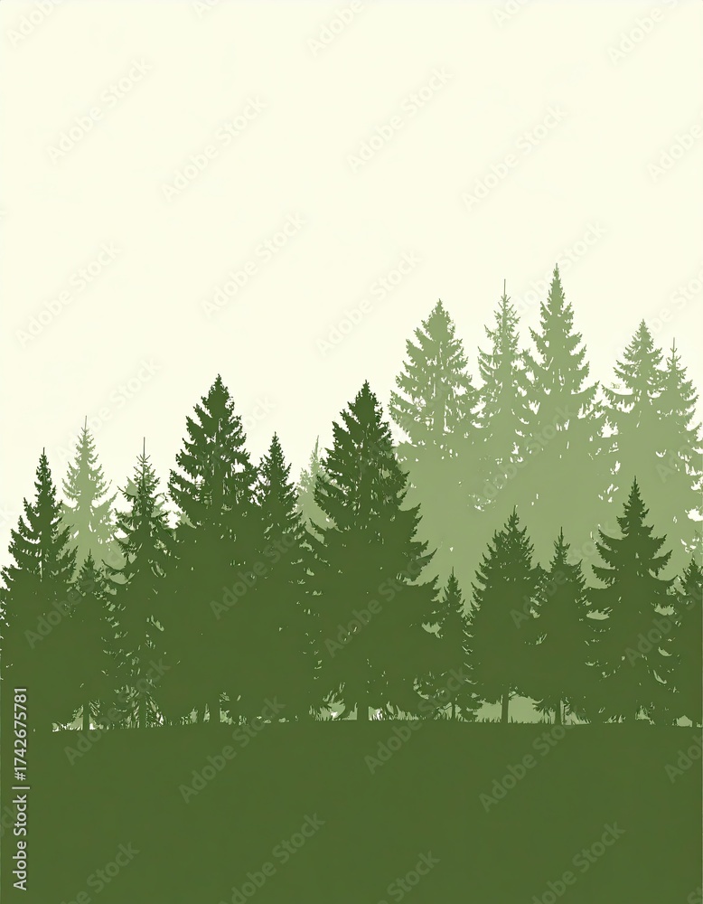 Obraz premium Nature Illustration of Silhouetted Evergreen Trees in a Protected Area on an Ivory Background