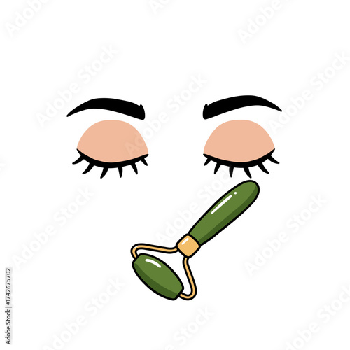 Eyes closed with facial roller tool for skincare on white background  