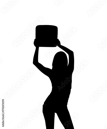 Woman Holding Laptop Above Head Silhouette Vector Illustration