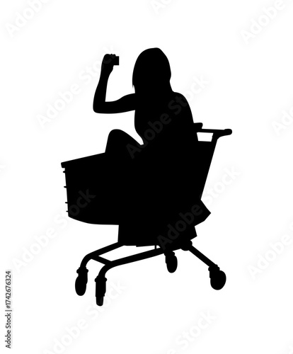 Silhouette of a woman sitting in a shopping cart with her arm raised in celebration or victory