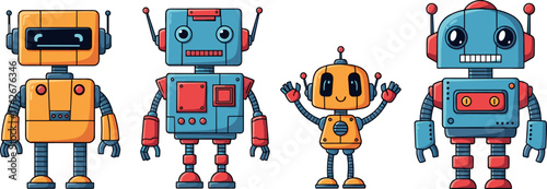 Cartoon robot character set, colorful AI illustration, friendly robotic design, futuristic tech icons, kids robot drawing, playful machine collection, vector robot art