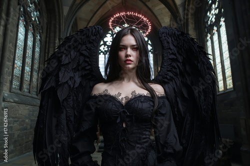 Fallen angel stands beneath stained glass light in grand gothic cathedral interior
