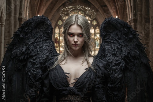 Fallen angel stands beneath stained glass light in grand gothic cathedral interior