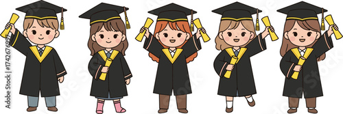 Graduation cartoon children, academic celebration, diploma holding, mortarboard cap, black gown, smiling students, educational milestone, cheerful illustration, school success, achievement