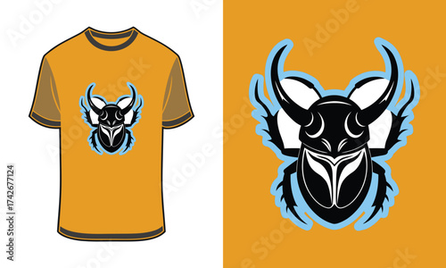 Tshirt mockup beetle head graphic with blue outline orange insect