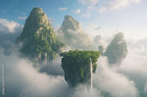Massive floating stone peaks draped in emerald waterfalls beneath serene golden skies