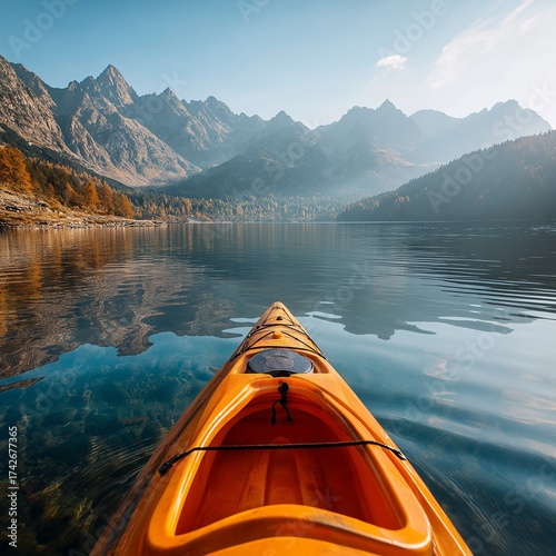 Orange kayak floating on calm lake with reflections of surrounding mountains.