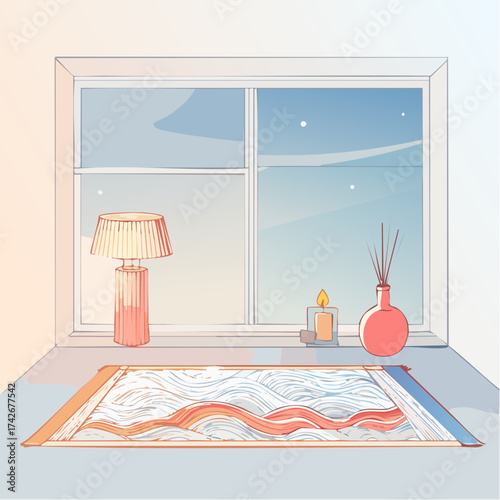 Cozy window scene with a lamp, decorative rug, candle, and vase with reed diffuser stick against a serene dusk sky background