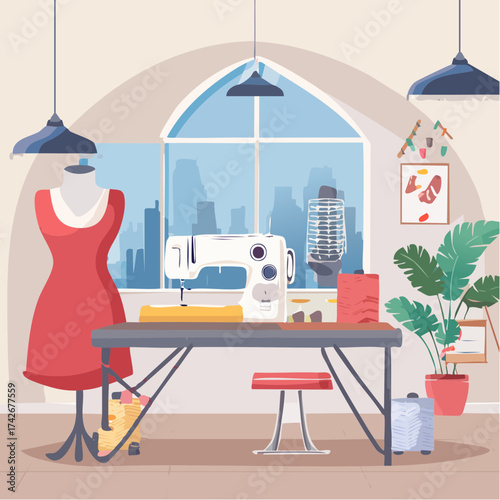Cozy Sewing Room Interior with Dress Form, Sewing Machine, and Cityscape View Through Arch Window - Fashion Design and Craft