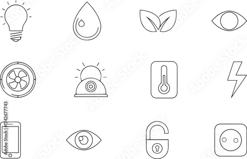 Assorted Smart Home Technology Icons Including Lightbulb Thermometer and Lock alarm