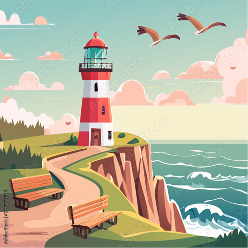 Coastal Lighthouse Landscape with Benches and Seagulls Illustration in a Bright, Pastel-Colored Day Scene for Travel and Journey Concept