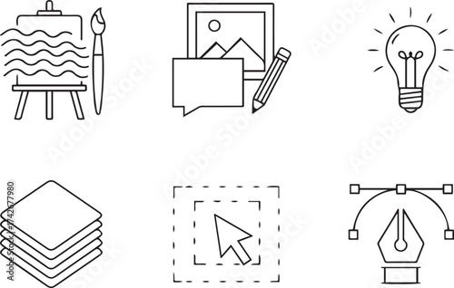 Creative Design and Art Icons with Easel Lightbulb and Pen Tool Keywords: art, design, icon, easel, paintbrush