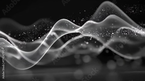 Sleek black and white wave lines create a modern and dynamic composition with subtle specks of light capturing the essence of fluid motion in a minimalist style