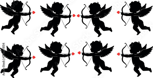 Cupid silhouette pattern, black and white love illustration, romantic arrow design, Valentine’s Day vector art, playful heart symbol, repeated cupid graphic