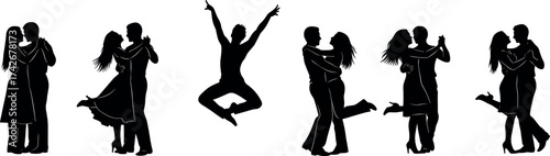 Dancing couple and leaping figure silhouettes, black vector illustration, expressive human poses, romantic and dynamic movement design, artistic people graphic for decor