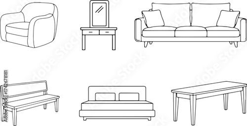 Outline drawings of furniture including armchair sofa bed bench table bedroom black and white