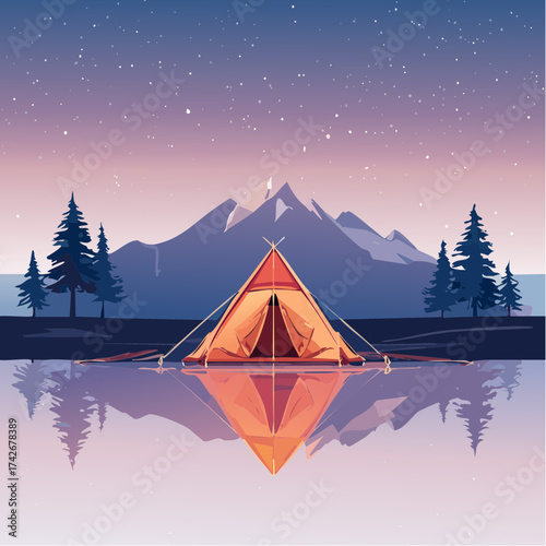 Camping tent by lakeside at sunset with mountain backdrop reflecting in serene water and starry cosmic sky for adventure vacation