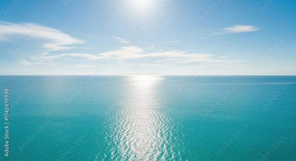 Fototapeta premium Bright sun reflecting on calm turquoise ocean water and blue sky