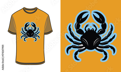 Tshirt mockup crab graphic with blue outline orange next to t shirt vector