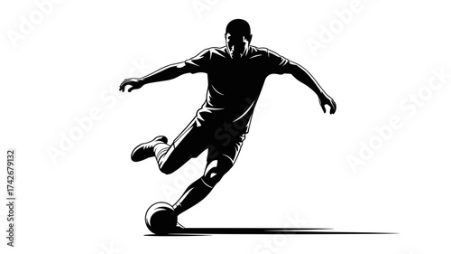 Dynamic football player executing a powerful kick, capturing the intensity and athleticism of the sport with dramatic silhouette style.