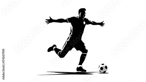 Dynamic soccer player celebrating a triumphant goal with arms outstretched in a powerful athletic pose, pure exhilaration captured.