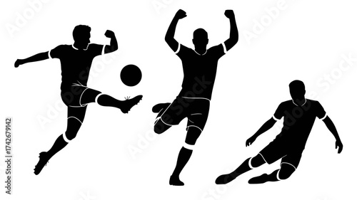Dynamic soccer players in action silhouette capturing thrilling game moments for sports promotions and designs