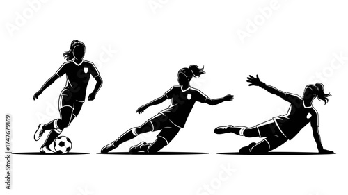 Dynamic female soccer player silhouettes showcasing athletic action, dribbling, sliding, and diving saves in sportswear