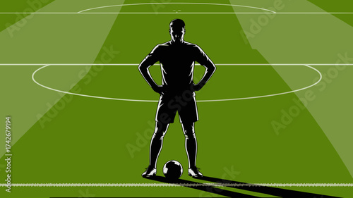 Confident soccer player silhouetted on field, ready for decisive match, inspiring athletic determination and victory