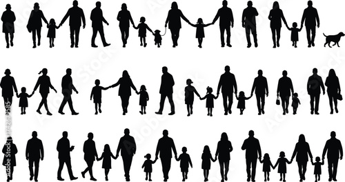 Silhouette of families walking together with children and parents vector illustration showing love, unity, bonding, parenting, lifestyle, and togetherness