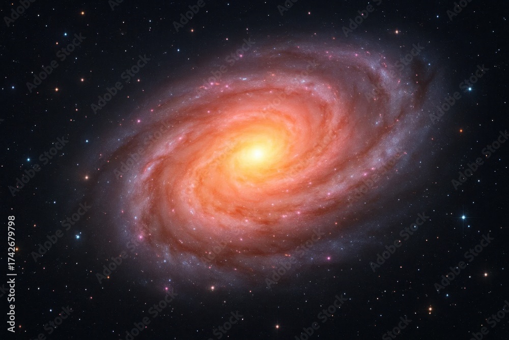 Obraz premium Latvia, Kandava, 2025-08-23, Latvijas kauss A cosmic spiral galaxy radiates with vibrant colors against a backdrop of stars, symbolizing the vastness and beauty of our universe