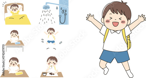 hild morning routine, cartoon sequence, daily activities, wake up, shower, breakfast, brushing teeth, school prep, backpack, cheerful character, hygiene habits