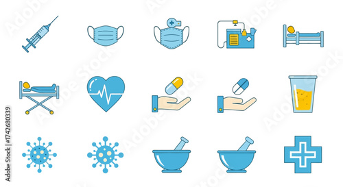 Comprehensive set of modern flat line vector icons illustrating essential medical concepts, healthcare services, diagnostic tools, and treatment procedures for diverse digital and print applications