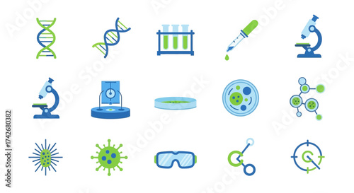 Scientific Icons Set DNA, Microscope, Test Tubes, and Laboratory Equipment for Research