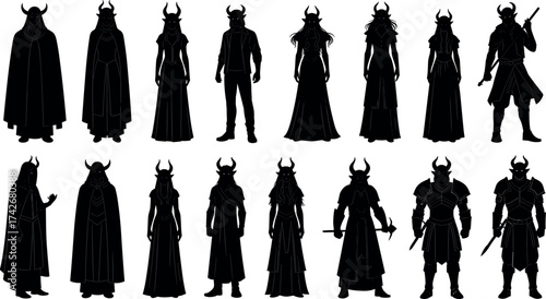 Fantasy character silhouette set, medieval warrior and sorcerer vector icons with horned helmets, robes, and weapons for game design or concept art themes