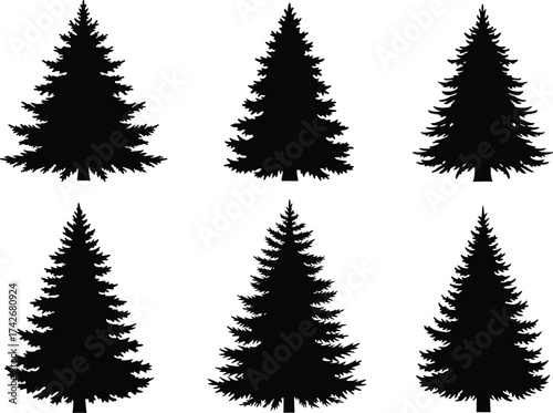 Black evergreen tree vector, pine silhouette set, winter forest design, holiday nature icons, seasonal decoration, conifer shapes, botanical illustration