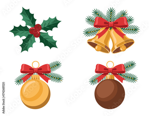 Festive christmas ornaments holly bells and baubles for holiday decorations isolated on white background