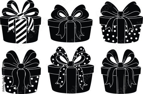 Black gift box vector, round present silhouette, festive ribbon design, holiday packaging, winter decoration, celebration icon, polka dot illustration