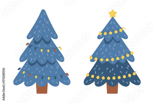 Festive blue christmas trees decorated with twinkling lights and a star topper isolated on white background