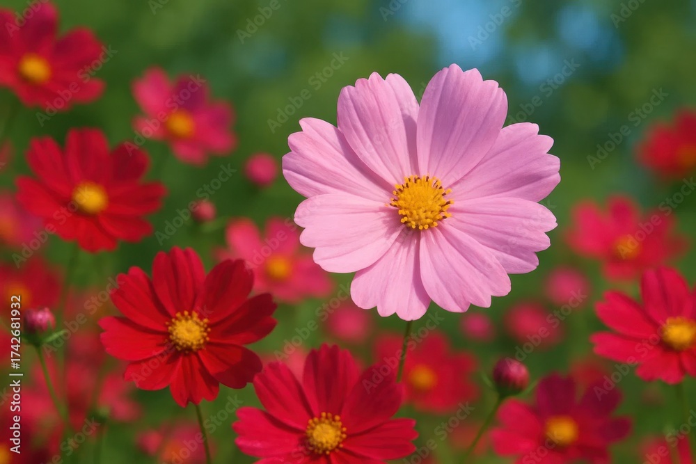 Obraz premium Latvia, Kandava, 2025-08-23, Latvijas kauss Pink cosmos flowers blooming amidst a sea of red ones, capturing the essence of springtime in full glory