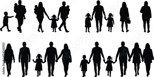 Silhouette of parents walking with children vector illustration showing family love, bonding, unity, parenting, care, and happy together lifestyle