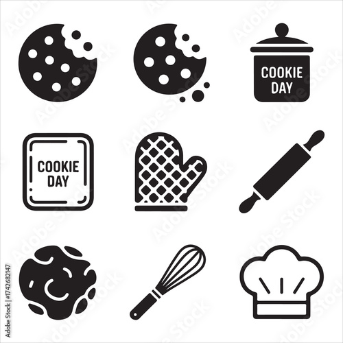 Cookie Day Vector Icon Pack Baking Tools Silhouette Set”
Sweet Bakery Vector Icons Pastry & Baking Essentials Pack Minimal Cookie and Kitchen Icon Set” Dessert Making Vector Silhouettes
