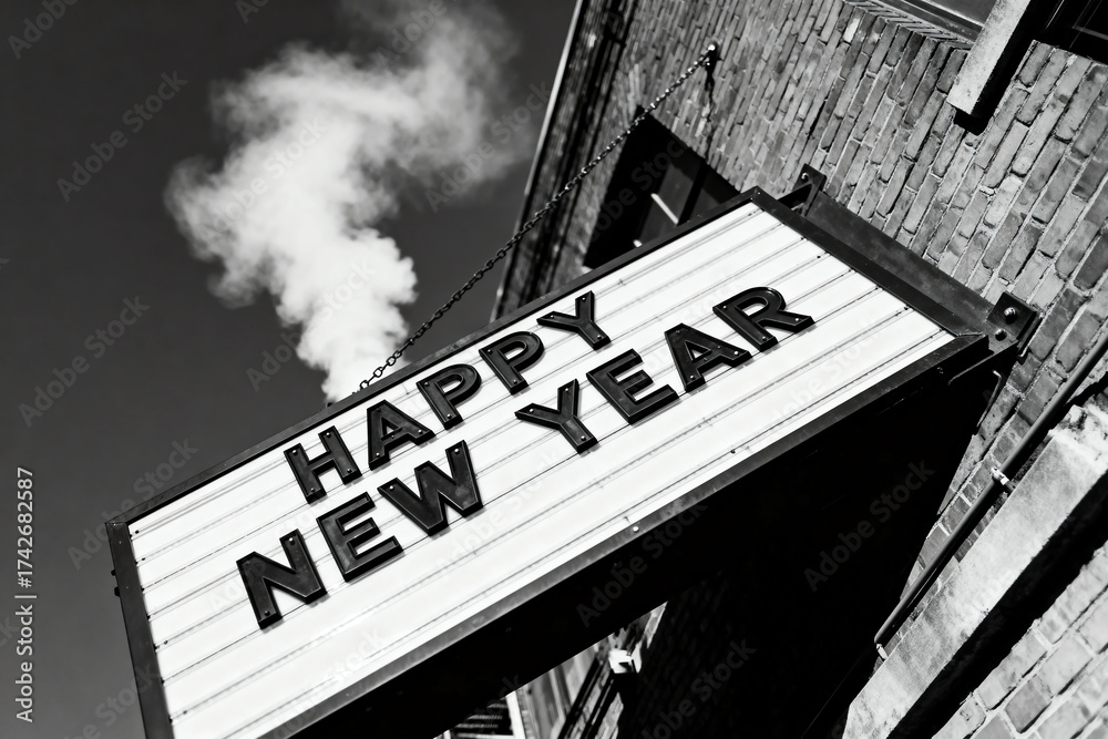 Obraz premium Happy New Year sign with bold letters hanging from chains on a historic brick building with steam rising into a clear sky, captured in atmospheric black and white.