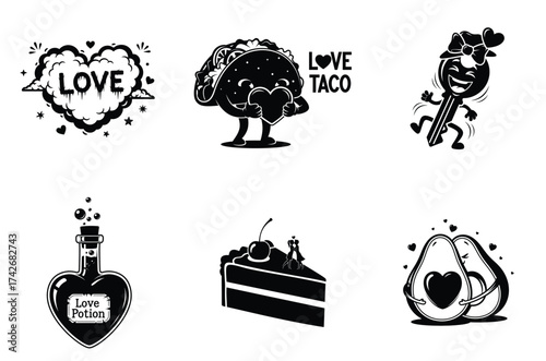 Collection of six black silhouette cartoon characters celebrating Valentines Day, romance, and relationships isolated on white background.