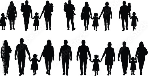 Silhouette of parents walking with children vector illustration showing family togetherness, love, unity, bonding, parenting, care, and happy lifestyle concept