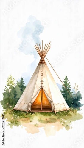 Nature, Teepee, Forest, Illustration, Tranquil, Outdoor, Vibrant Scene Depicting a Warm Camp Setting