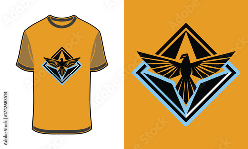 Tshirt mockup falcon emblem with geometric blue wings orange bird logo