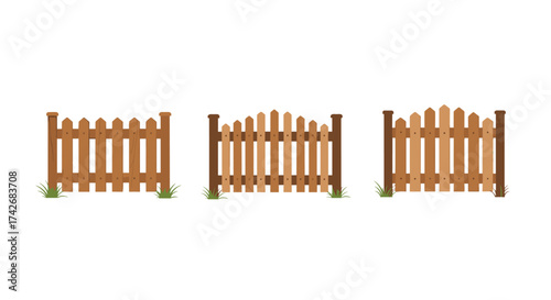 Collection of different styles of wooden fences with grass.
