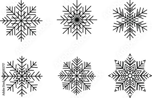 Black snowflake vector, winter icons, symmetrical design, seasonal graphics, holiday elements, decorative shapes, cold weather patterns, crisp festive illustration set