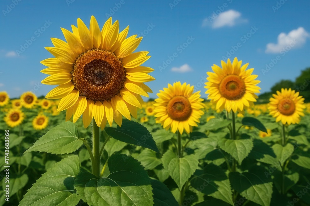 Fototapeta premium Latvia, Kandava, 2025-08-23, Latvijas kauss A vibrant sunflower field under a clear blue sky, with the bright yellow petals of the sunflowers standing out against the lush green leaves
