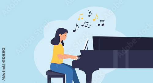A woman playing a grand piano with musical notes floating above.